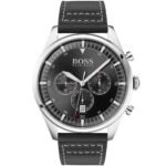Hugo Boss Pioneer Chronograph Black Dial Black Leather Strap Watch For Men - 1513708