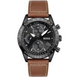 Hugo Boss Pilot Chronograph Black Dial Brown Leather Strap Watch for Men - 1513851