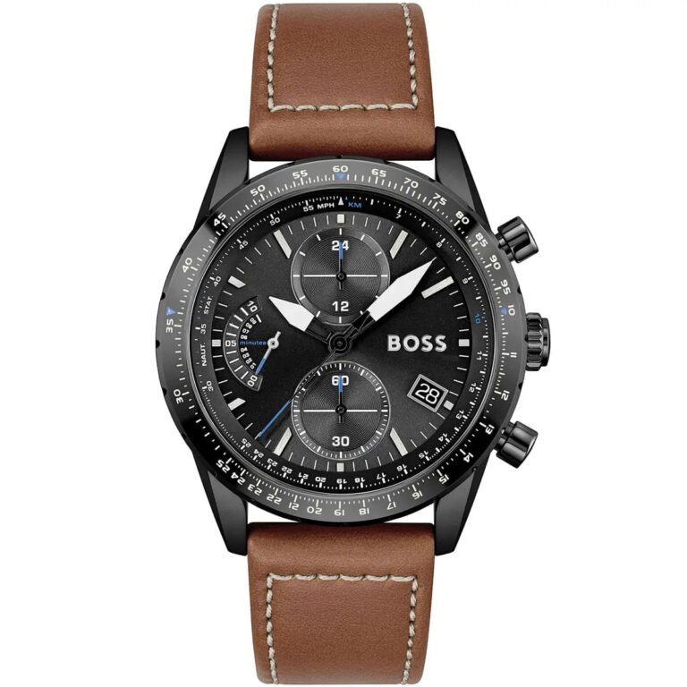 Hugo Boss Pilot Chronograph Black Dial Brown Leather Strap Watch for Men - 1513851