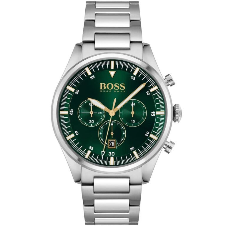Hugo Boss Pioneer Chronograph Green Dial Silver Steel Strap Watch for Men - 1513868