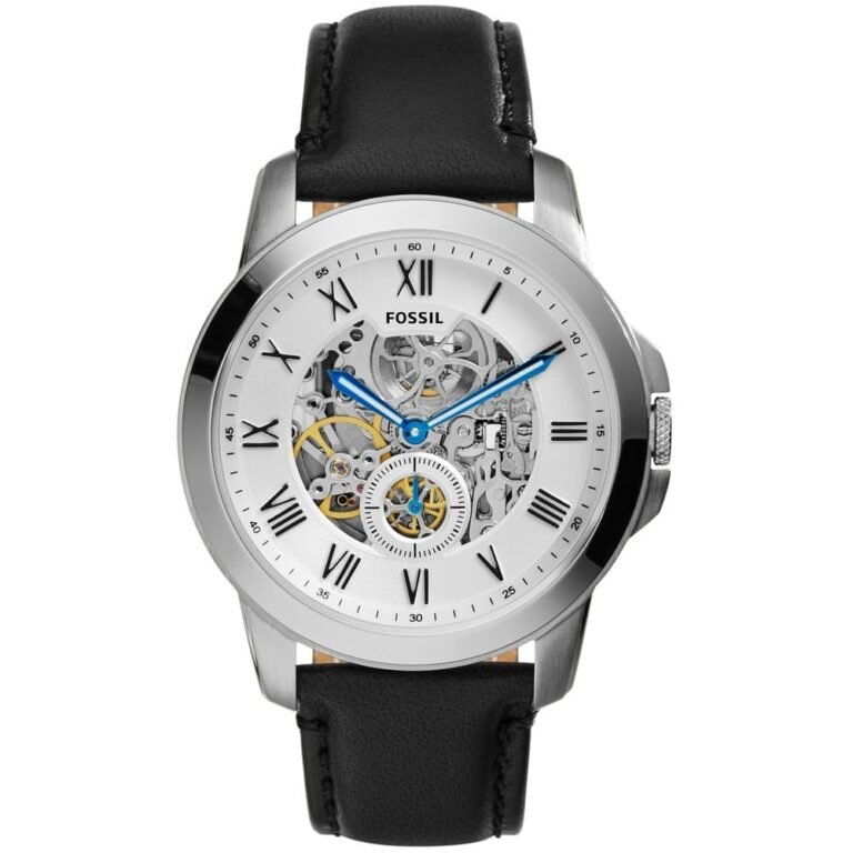 Fossil Grant Skeleton White Dial Black Leather Strap Watch for Men - ME3053
