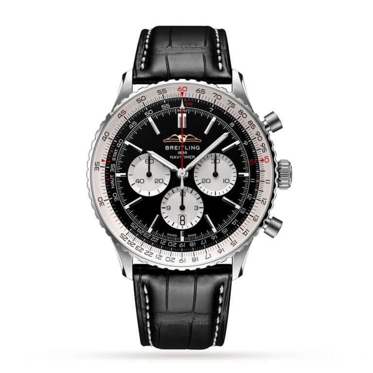 Breitling Navitimer B01 Chronograph 43 Black Dial Black Leather Strap Watch for Men - AB0137211B1P1