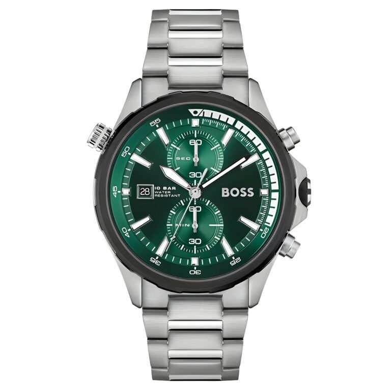 Hugo Boss Globetrotter Chronograph Green Dial Silver Steel Strap Watch for Men - 1513930