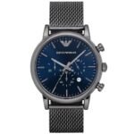 Emporio Armani Chronograph Blue Dial Gun Metallic Mesh Bracelet Watch For Men - AR1979
