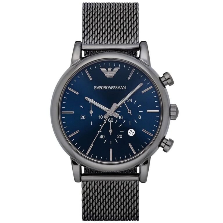 Emporio Armani Chronograph Blue Dial Gun Metallic Mesh Bracelet Watch For Men - AR1979