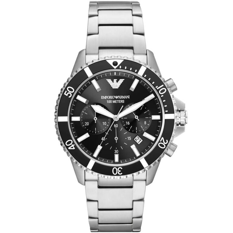 Emporio Armani Diver Chronograph Black Dial Silver Steel Strap Watch For Men - AR11360