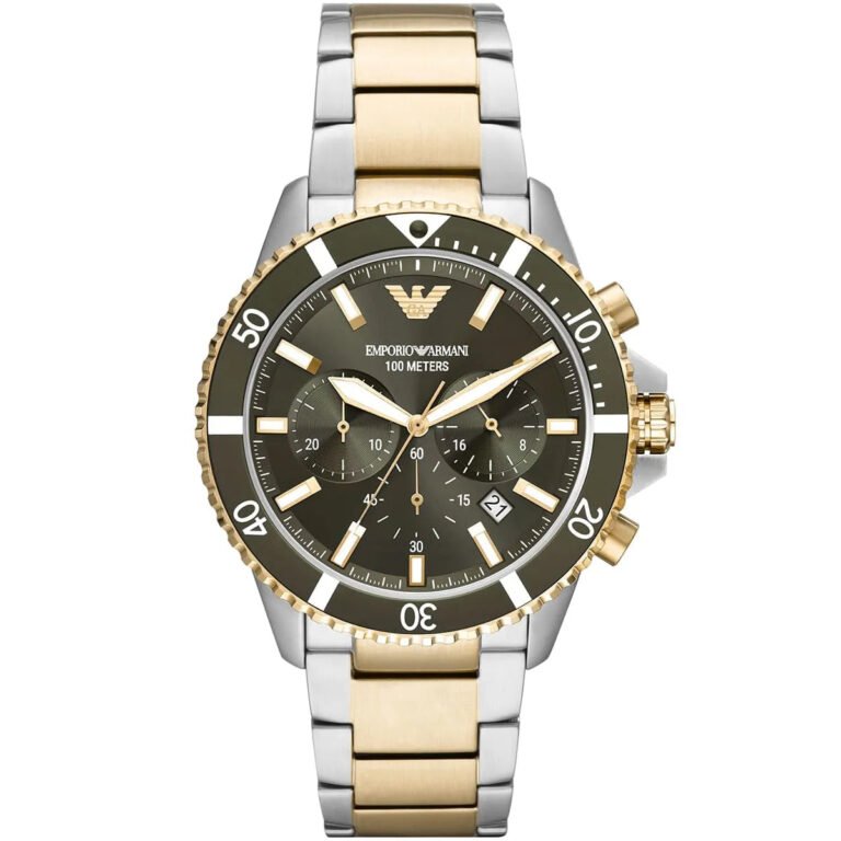 Emporio Armani Diver Chronograph Green Dial Two Tone Steel Strap Watch For Men - AR11361