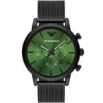 Emporio Armani Luigi Chronograph Green Dial Black Mesh Bracelet Watch For Men - AR11470