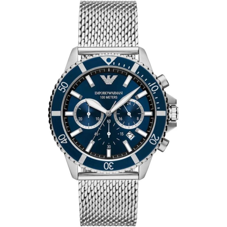 Emporio Armani Diver Chronograph Blue Dial Silver Mesh Strap Watch for Men - AR11587