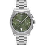 Emporio Armani Federico Chronograph Green Dial Silver Steel Strap Watch for Men - AR11640