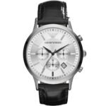 Emporio Armani Classic Chronograph Silver Dial Black Leather Strap Watch For Men - AR2432