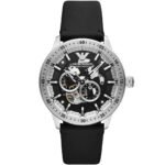 Emporio Armani Renato Chronograph Automatic Black Dial Black Leather Strap Watch For Men - AR60051