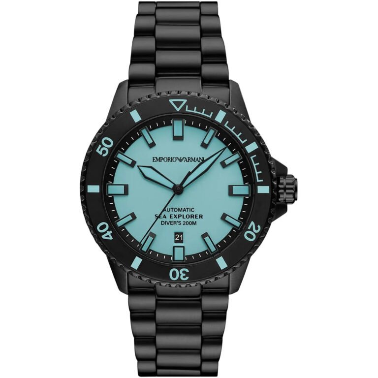 Emporio Armani Sea Explorer Turquoise Blue Dial Black Steel Strap Watch for Men - AR60084