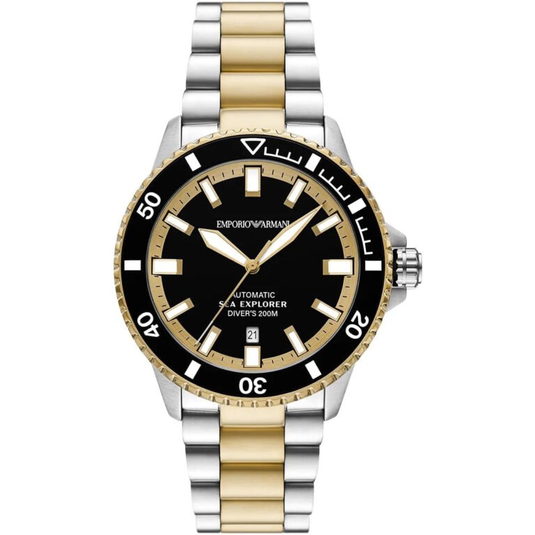 Emporio Armani Sea Explorer Black Dial Two Tone Steel Strap Watch for Men - AR60089