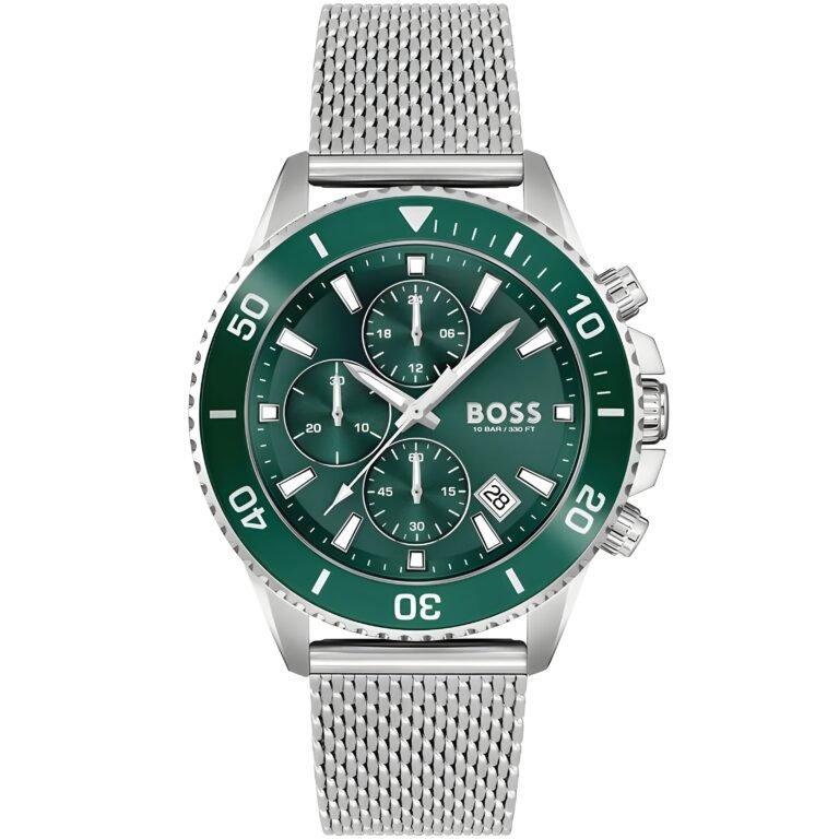 Hugo Boss Admiral Chronograph Green Dial Silver Mesh Bracelet Watch for Men - 1513905