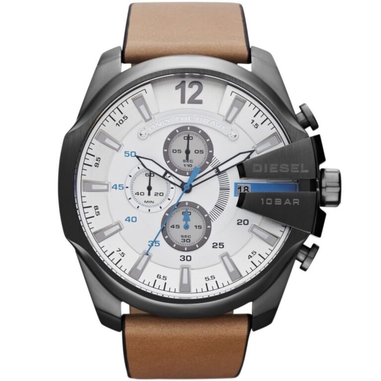Diesel Mega Chief Chronograph White Dial Brown Leather Strap Watch For Men - DZ4280