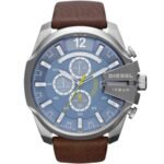 Diesel Mega Chief Chronograph Blue Dial Brown Leather Strap Watch For Men - DZ4281