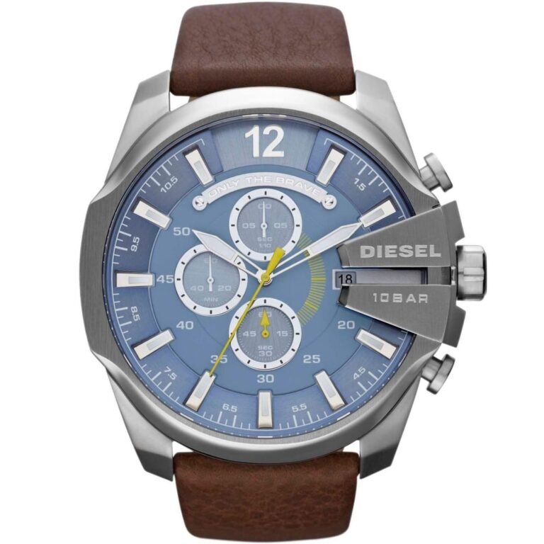 Diesel Mega Chief Chronograph Blue Dial Brown Leather Strap Watch For Men - DZ4281