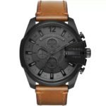 Diesel Mega Chief Chronograph Grey Dial Brown Leather Strap Watch For Men - DZ4463