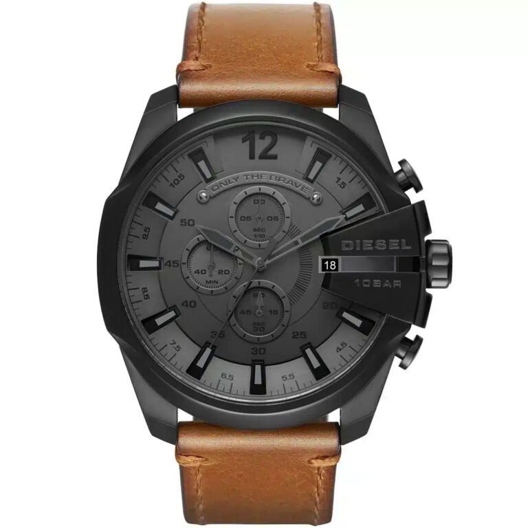 Diesel Mega Chief Chronograph Grey Dial Brown Leather Strap Watch For Men - DZ4463