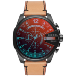 Diesel Mega Chief Chronograph Black Dial Brown Leather Strap Watch For Men - DZ4476