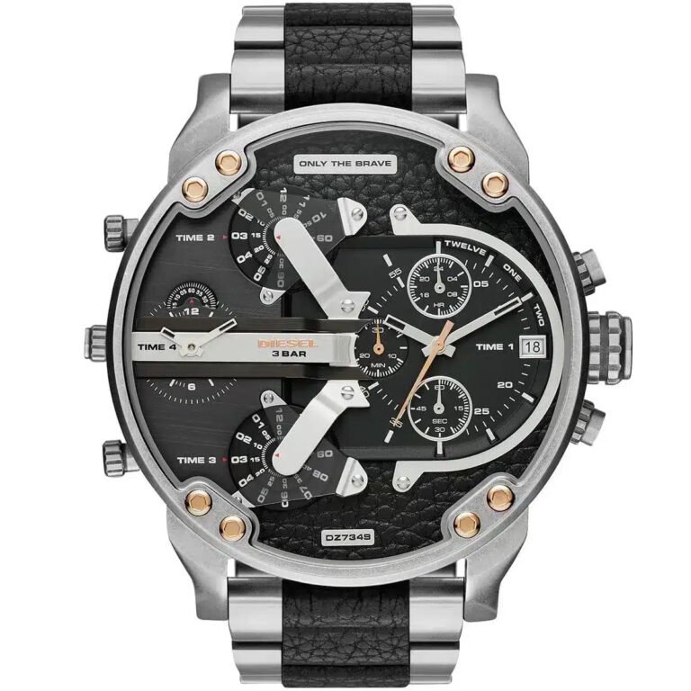 Diesel Men's Black Dial Stainless Steel and Leather Band Watch - DZ7349