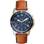 Fossil Grant Sport Chronograph Blue Dial Brown Leather Strap Watch for Men - FS5268