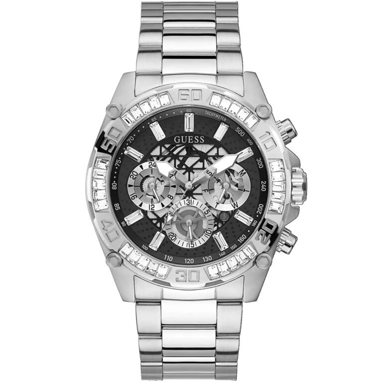 Guess Trophy Chronograph Diamonds Black Dial Silver Steel Strap Watch for Men - GW0390G1