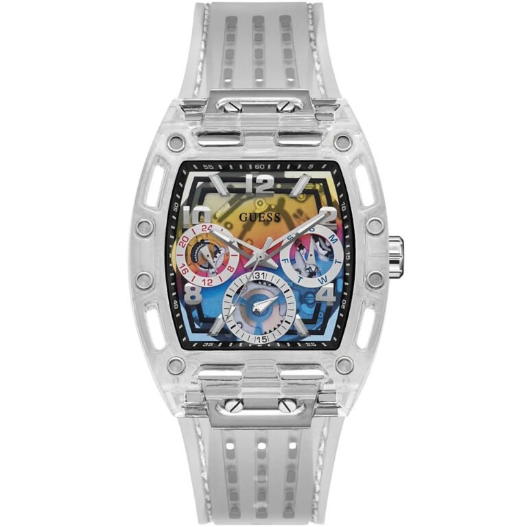 Guess Phoenix Polycarbonate Clear Multi-function Black Dial Clear Rubber Strap Watch for Men - GW0499G3