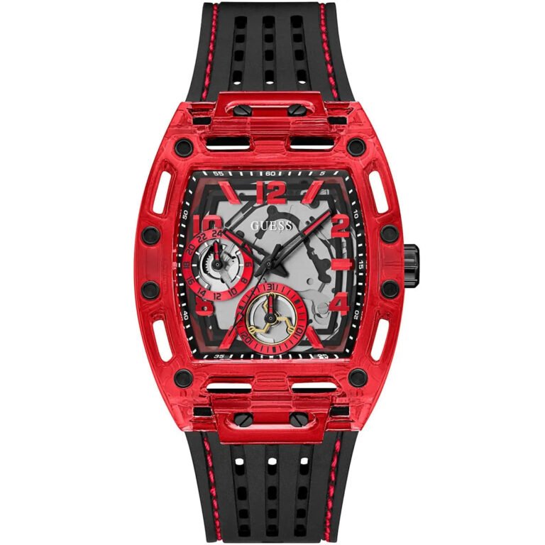 Guess Phoenix Multifunction Analog Red Dial Black Silicone Strap Watch For Men - GW0499G4