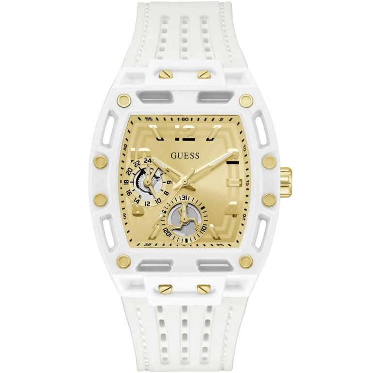 Guess Phoenix Analog Gold Dial White Silicone Strap Watch For Men - GW0499G5