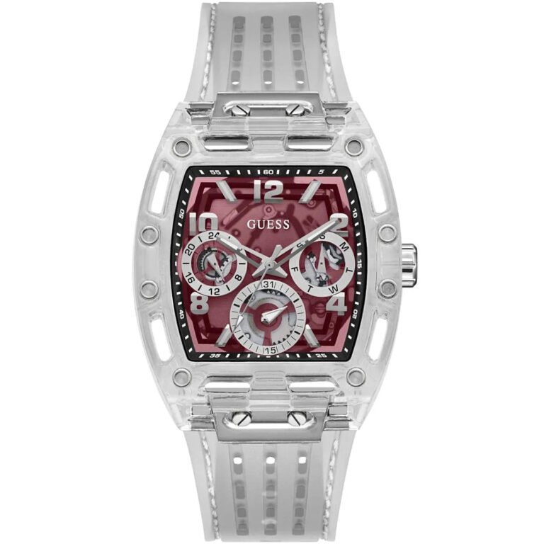 Guess Phoenix Quartz Burgundy Dial Transparent Silicone Strap Watch For Men - GW0499G9