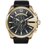 Diesel Mega Chief Chronograph Black Dial Black Leather Strap Watch For Men - DZ4344