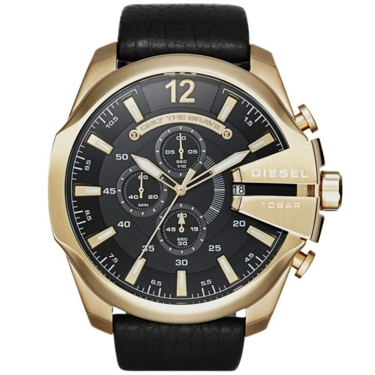 Diesel Mega Chief Chronograph Black Dial Black Leather Strap Watch For Men - DZ4344