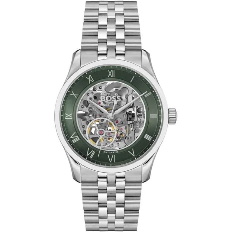 Hugo Boss Principle Skeleton Green Dial Silver Steel Strap Watch for Men - 1514236