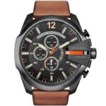 Diesel Mega Chief Chronograph Black Dial Brown Leather Strap Watch For Men - DZ4343