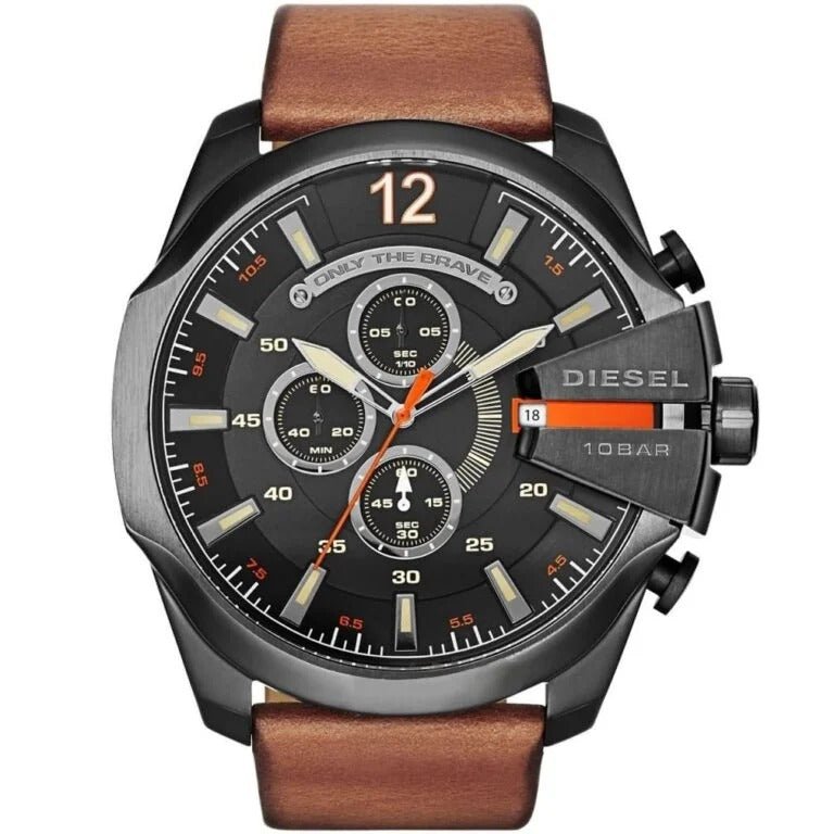 Diesel Mega Chief Chronograph Black Dial Brown Leather Strap Watch For Men - DZ4343