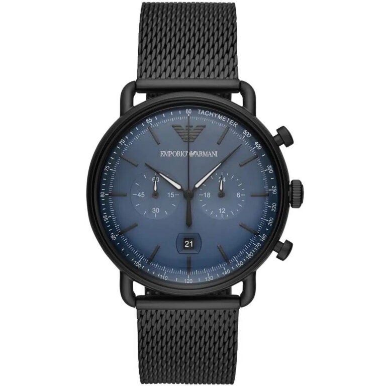 Emporio Armani Aviator Chronograph Blue Dial Black Mesh Bracelet Watch For Men - AR11201