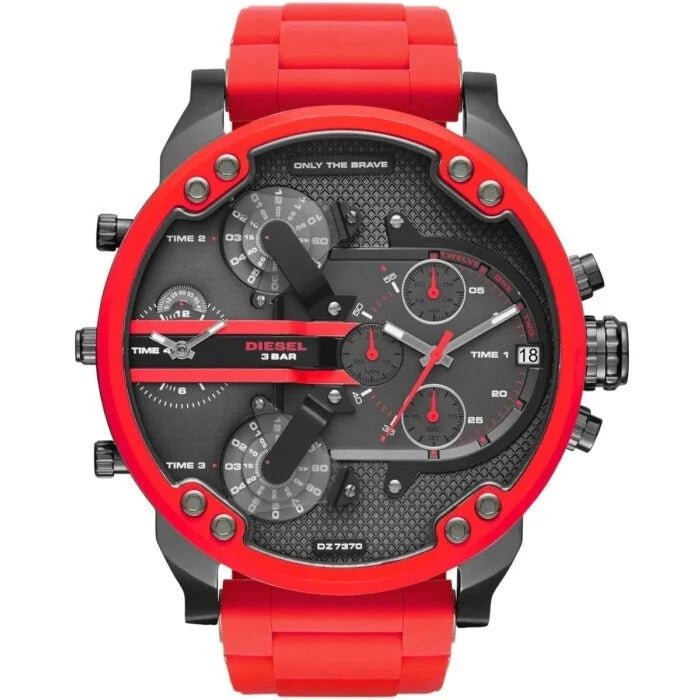 Diesel Mr Daddy 2.0 Chronograph Black Dial Red Silicone Strap Watch For Men - DZ7370
