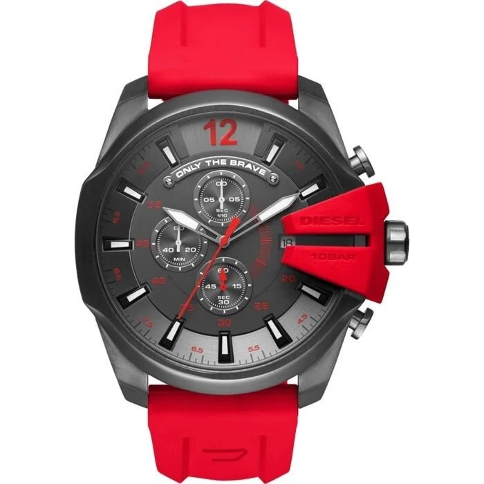 Diesel Mega Chief Chronograph Black Dial Red Silicone Strap Watch For Men - DZ4427