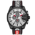 Diesel Mega Chief Chronograph Silver Dial Black Leather Strap Watch For Men - DZ4512