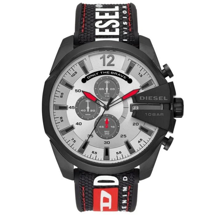 Diesel Mega Chief Chronograph Silver Dial Black Leather Strap Watch For Men - DZ4512