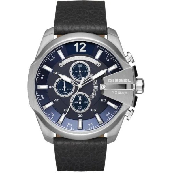 Diesel Mega Chief Chronograph Blue Dial Black Leather Strap Watch For Men - DZ4423