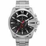Diesel Mega Chief Chronograph Black Dial Silver Steel Strap Watch For Men - DZ4308