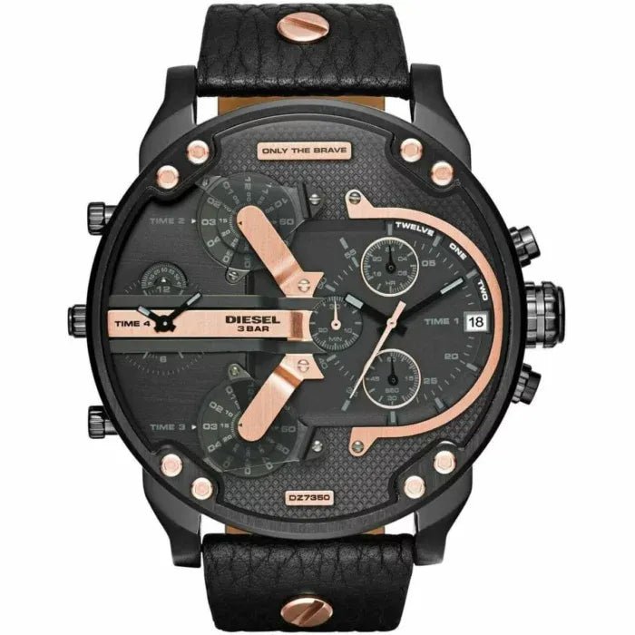 Diesel Mr Daddy 2.0 Chronograph Black Dial Black Leather Strap Watch For Men - DZ7350