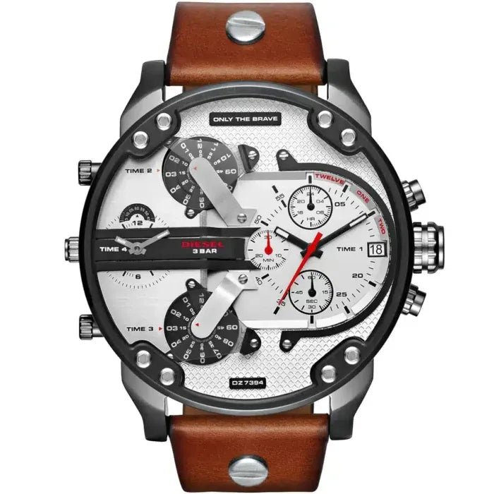 Diesel Mr. Daddy 2.0 Chronograph Silver Dial Brown Leather Strap Watch For Men - DZ7394