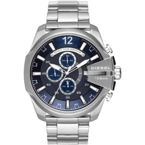 Diesel Mega Chief Chronograph Blue Dial Silver Steel Strap Watch For Men - DZ4417