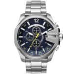 Diesel Mega Chief Chronograph Blue Dial Silver Steel Strap Watch For Men - DZ4465