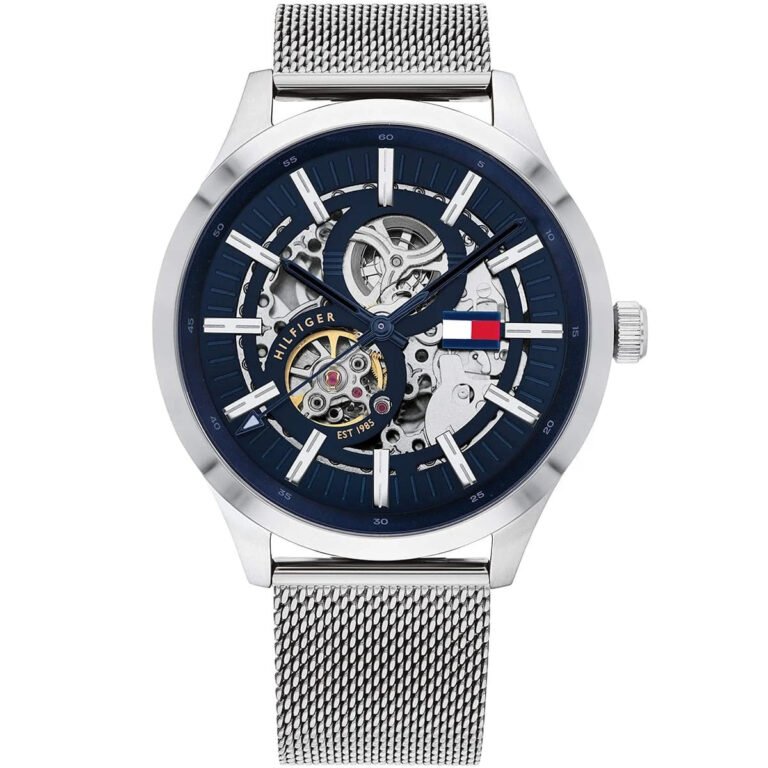 Tommy Hilfiger Spencer Skeleton Black Dial Silver Mesh Bracelet Watch for Men - 1791643