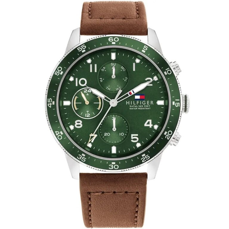 Tommy Hilfiger Jimmy Chronograph Green Dial Brown Leather Strap Watch For Men - 1791948